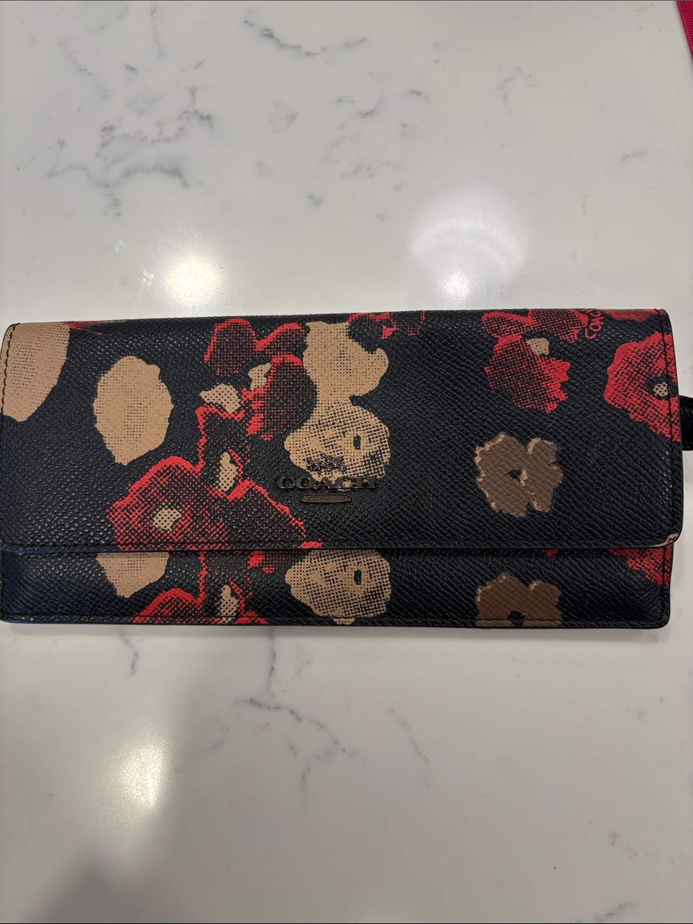 Coach Black Floral Continental Wallet with Red and Tan Blooms